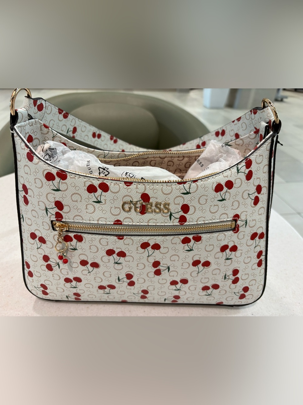 GUESS Cream Cherry Print Shoulder Bag with Red Accents